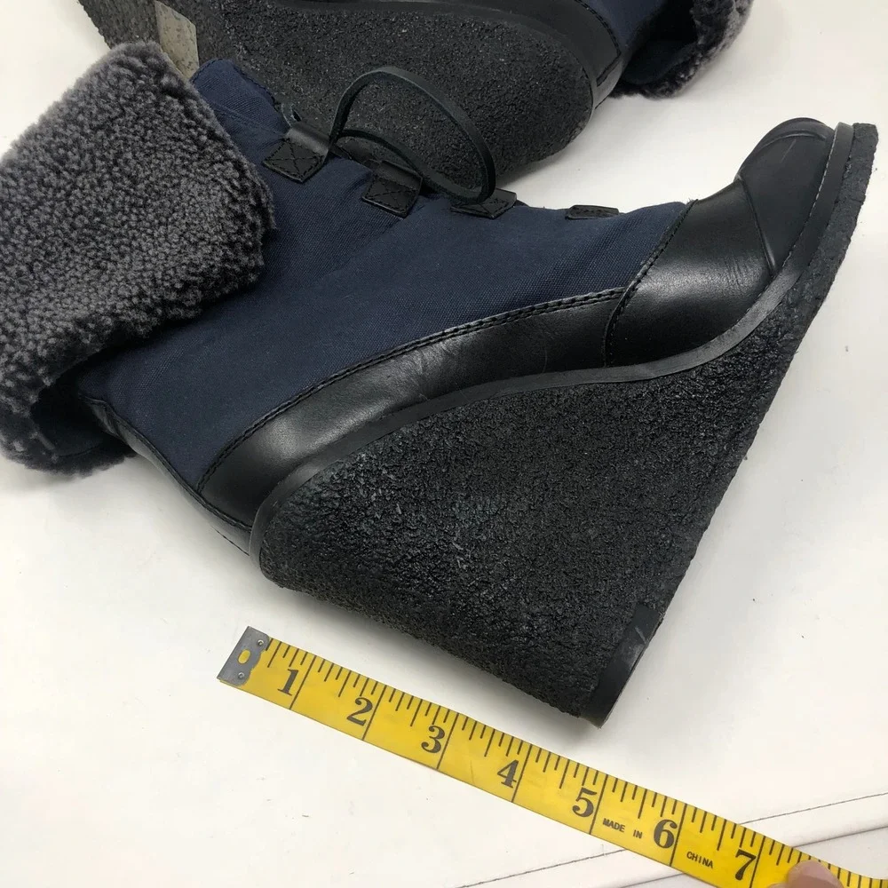 Tory Burch Fairfax 105MM Bootie Womens 11 Navy Black Wedge Faux Fur Luxury Ski